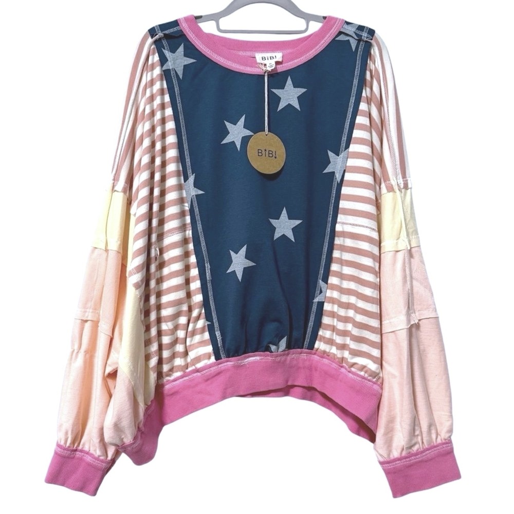 BIBI‎ Sweatshirt Multicolor NEW Stars & Stripes Americana Boho Womens XL
